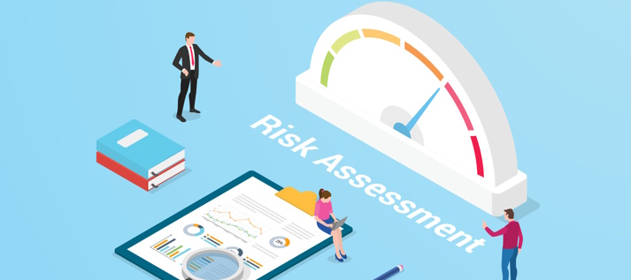 risk assessment concept with speedometer and people and graph chart analysis data information with isometric flat style